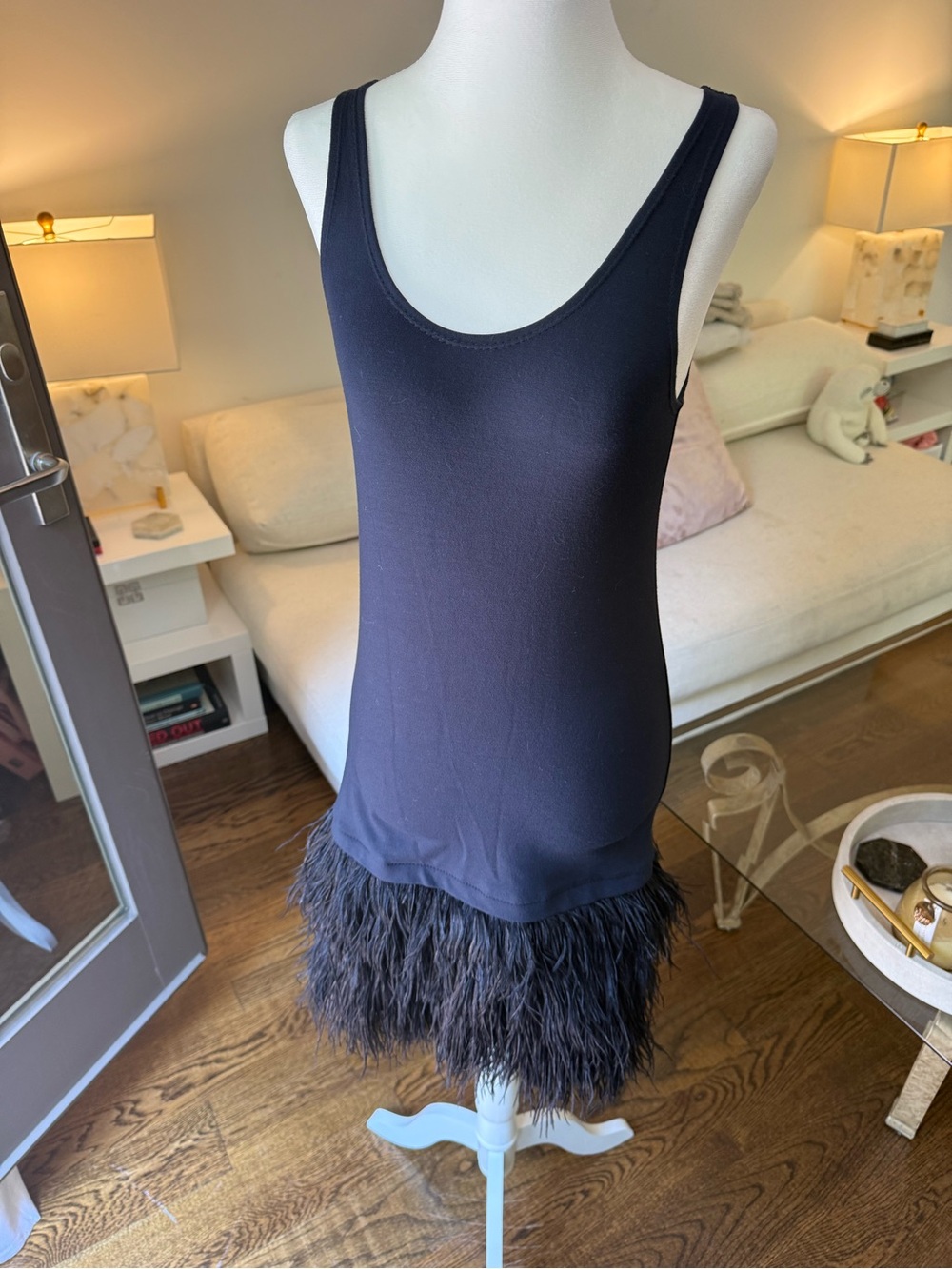 Theory Black Feather-Hem Tank Slip Dress